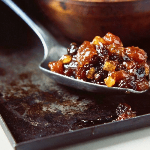 homemade fruit mincemeat on a silver spoon